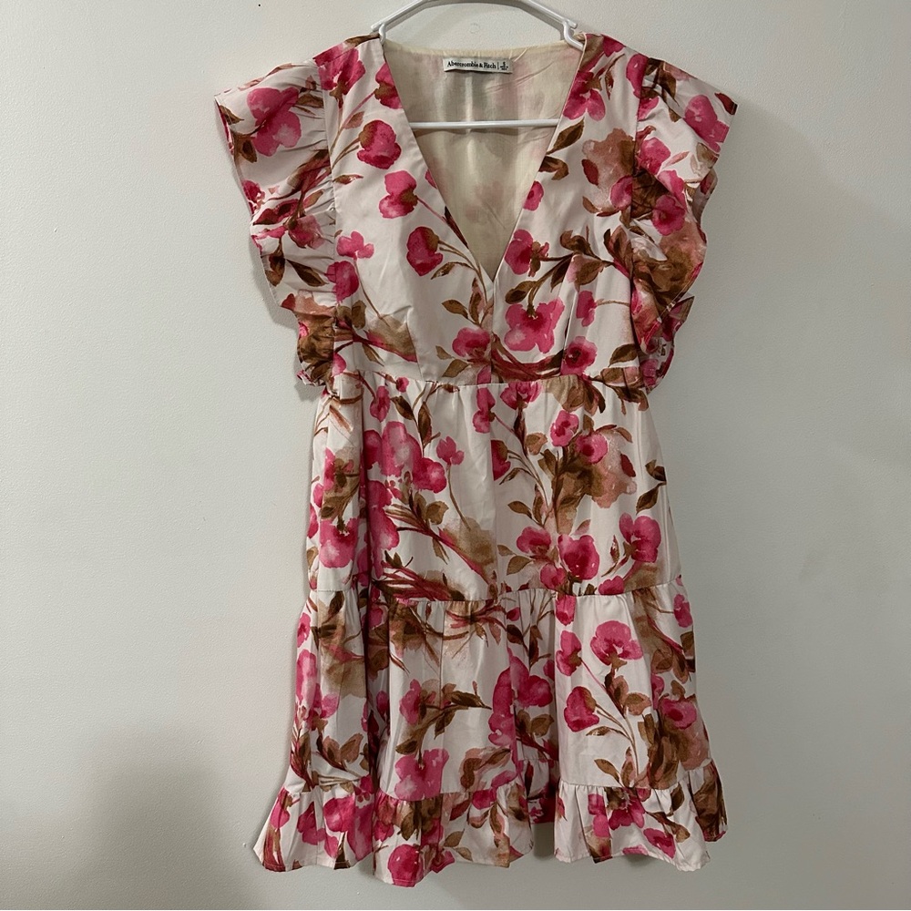 Abercrombie & Fitch Flutter‎ Sleeves Tiered Lined Pink Brown Floral Dress Small